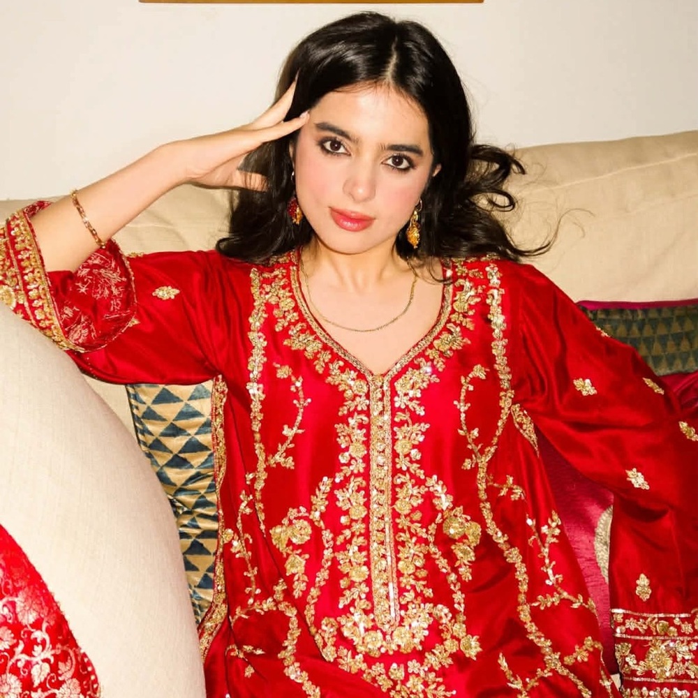 Agha Noor Red Dress with Gold Floral Embroidery